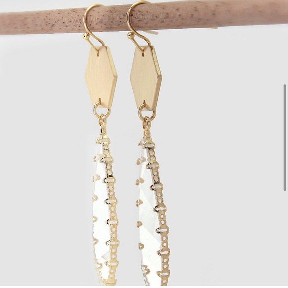 Women’s Clear teardrop gem brushed gold tone hex earrings - Picture 3 of 5